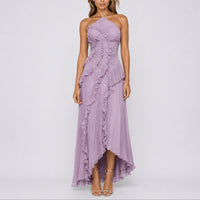 Manuela | Stijlvolle herfstbruiloft plissé halter maxi-jurk met ruffles