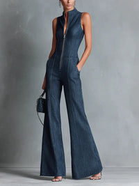 Celine | Tuta intera in denim elasticizzato con gamba ampia e cerniera frontale