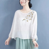 Blouse en coton et lin avec broderies artistiques pour dames