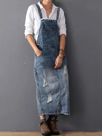 Denim Dress with Back Slit and Distressed Look - UrbanGlow