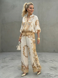 Elodie | Ensemble deux pièces léger avec haut blouson et pantalon large imprimé