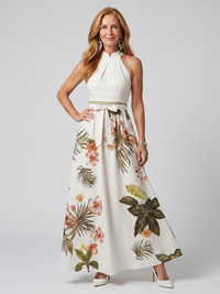 Seraphina | Elegante maxivestido botánico con escote halter drapeado