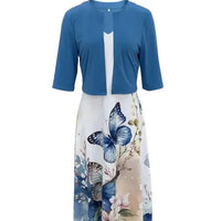 Fleur de Vivre Langes Kleid Zweiteilig Blumen- und Grasprint Rundhals