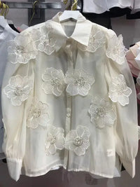 Seductive Mesh Blouse with Sequins and Flowers