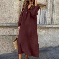 Vestido cómodo de lino de algodón kaki con cuello en V Velanora