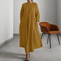 Vestido Simple de Lino Verde NORA con Cuello Redondo