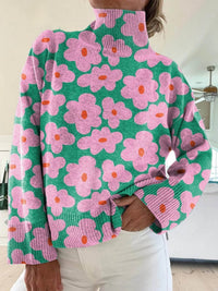 Elise | Farbiger gestrickter Rollkragenpullover mit Retro-Blumenmuster