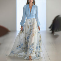 Helena | Elegante chique maxi-jurk met lange mouwen, diepe V-hals en bloemenprint