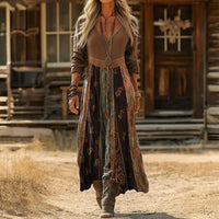 Luna | Vintage-Boho-Midikleid mit langen Ärmeln und Patchwork-Muster