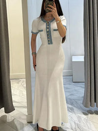 Elegant Knitted Long Dress with Metal Button Closure