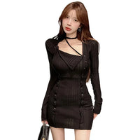 Damen Kleid einfarbig mit Schlitz kurzer Stil langärmliges Design Halter eng anliegende Kleider