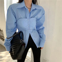 Elegant Patchwork Blouse - Korean Style, Fake Two Pieces, White