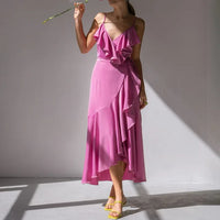 LuxeMode Neck Ruffles Sleeveless Satin Dress