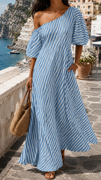 Elysia | Elegant and luxurious asymmetrical maxi dress with stripe pattern