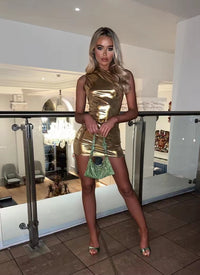 Franziska | Metallic Glamour Mini-Kleid mit einem Schulterfrei