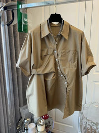 French Pleated Split Short Sleeve Shirt Top for Women