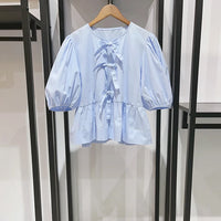 Retro Denim Blouse with Geometric Pattern