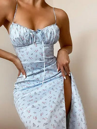 Satin Slip Maxi Kleid mit Blumen und Rüschen