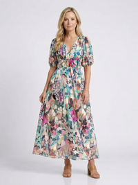 Fazilet | Elegantes Midikleid mit botanischem Print und V-Ausschnitt