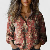 Mirjam | Vintage button-down overhemd met artistieke bloemenprint