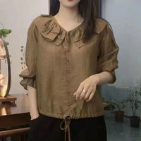 Spring-Autumn Loose Blouse with Drawstring