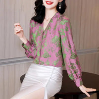 Spring Autumn Satin Printed Blouse with V-neck for Women
