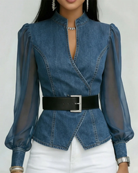 Kraaij | Denim chiffon mouwen elegante wikkel top