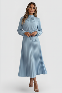 Johanna | Elegante Midi-Jurk met Geplooide Rok en Hoge Hals