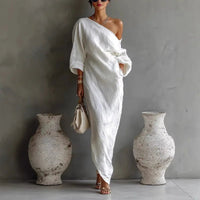 Petra | Elegantes asymmetrisches Leinen-Maxikleid mit einem schulterfreien Design