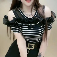 Off-Shoulder T-shirt with Ruffles and Beads - 2024 Collection