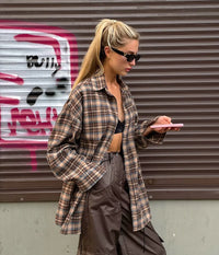 Sienna | Women's Oversized Checked Blouse with Buttons | Brown