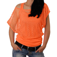 Lina | Damen Mesh Off-Shoulder T-Shirt | Orange