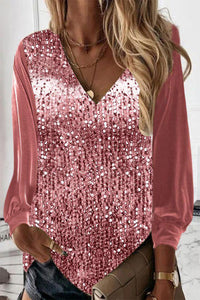 Sara | Blusa de manga larga con escote en V y lentejuelas