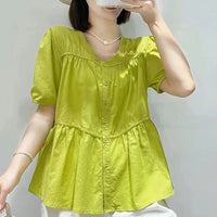 Elegant Summer Blouse with O-Neck, Bow, and Pleats