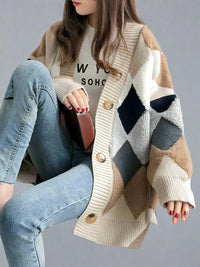 Liana | Women's Oversized Checked Knit Cardigan with Puff Sleeves | Navy Blue