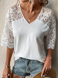 V-Neck Lace Hollow Tee by LuxeLook