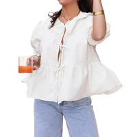 Feminine Bow Top with Lace and Peplum