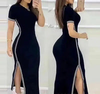 Gestreiftes Sommer Maxi Kleid mit hohem Schlitz