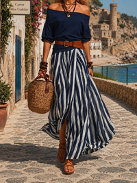 Tess | Elegant Off-Shoulder Top & Striped Skirt Set for Summer