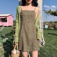 Zoki's Avocado Groene Vintage Ruit Jurk - Zomerse Elegante Klasse