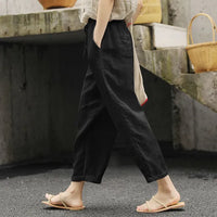 Summer Casual Thin Pants Women Cotton Linen Solid Color Pocket Drawstring Pants