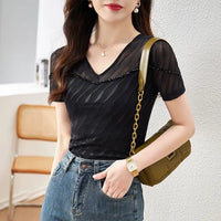 Sommerliches Patchwork-Netzstoff V-Ausschnitt T-Shirt für Damen