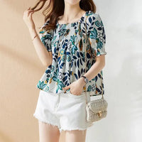 Blusa Estiva con Scollo Quadrato e Maniche a Sbuffo Coreane
