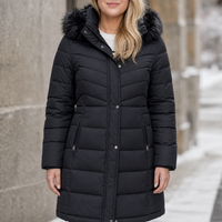 Camille | Elegant Longline Puffer Jacket with Faux Fur and a Chevron Pattern