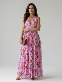 Aurora | Maxiabito floreale con scollo all'americana e gonna a strati