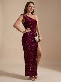 Celine | Glamouröses Maxipartykleid mit Pailletten und One-Shoulder-Ausschnitt