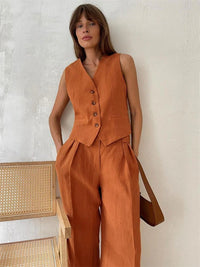 Amelia | Elegantes zweiteiliges Set mit Leinenweste und weiter Plisseehose