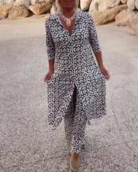 Celine | Ensemble tunique imprimée à col en V avec pantalon à jambes larges