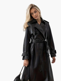 Thalia | Long faux-leather trench coat with belt