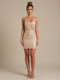 Nova | Mini-robe de fête moulante glamour à sequins avec décolleté en V et dos ouvert